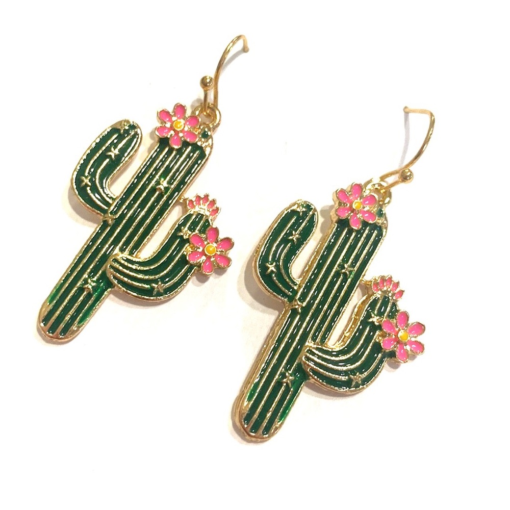 Cactus Earrings Green Pink Flowers Gold Tone - Picture 2 of 2